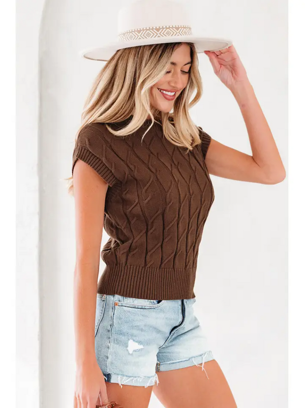 Cable Knit Textured Crew Neck Sweater - Dark Brown