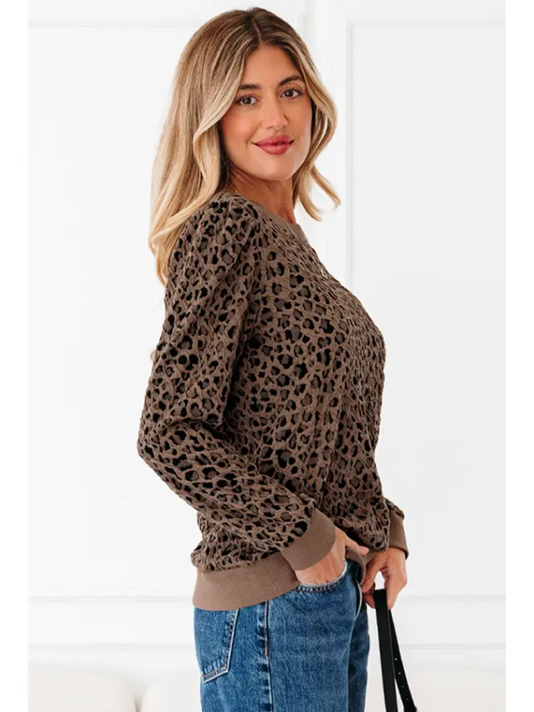Leopard Ribbed Trim Long Sleeve Top