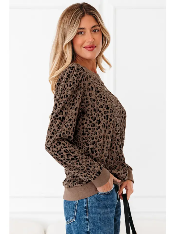 Leopard Ribbed Trim Long Sleeve Top