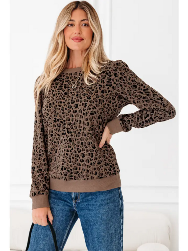 Leopard Ribbed Trim Long Sleeve Top
