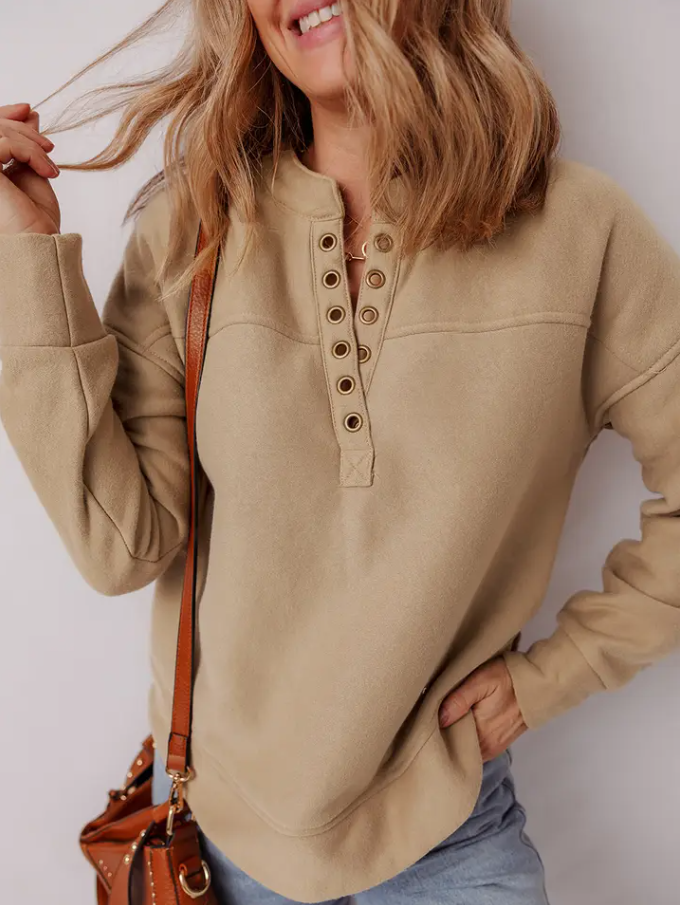 Solid Grommet V-Neck Drop Shoulder Sweatshirt