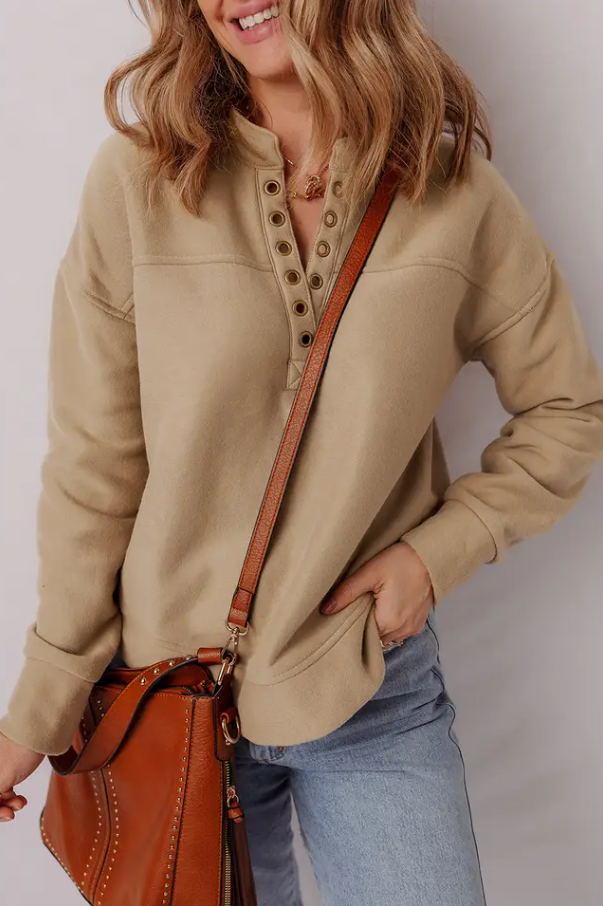 Solid Grommet V-Neck Drop Shoulder Sweatshirt