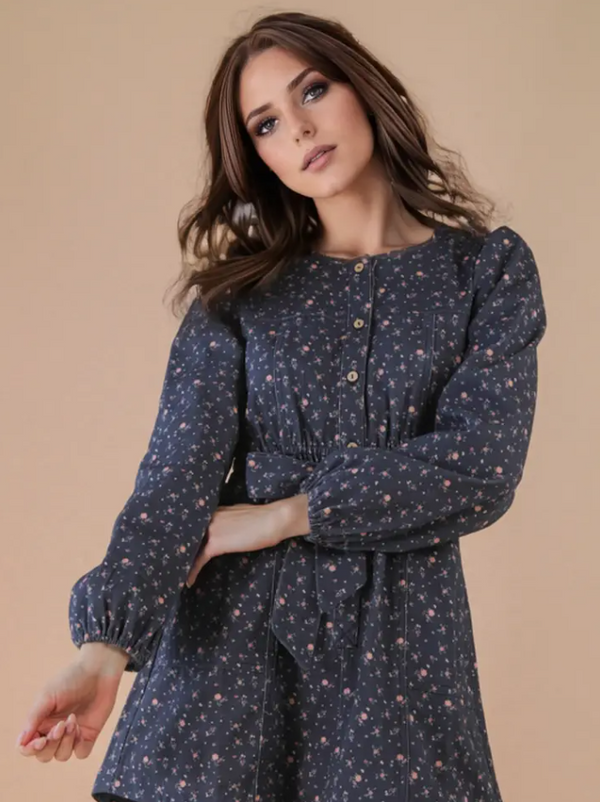 Floral Printed Button Down Mini Dress - Midnight