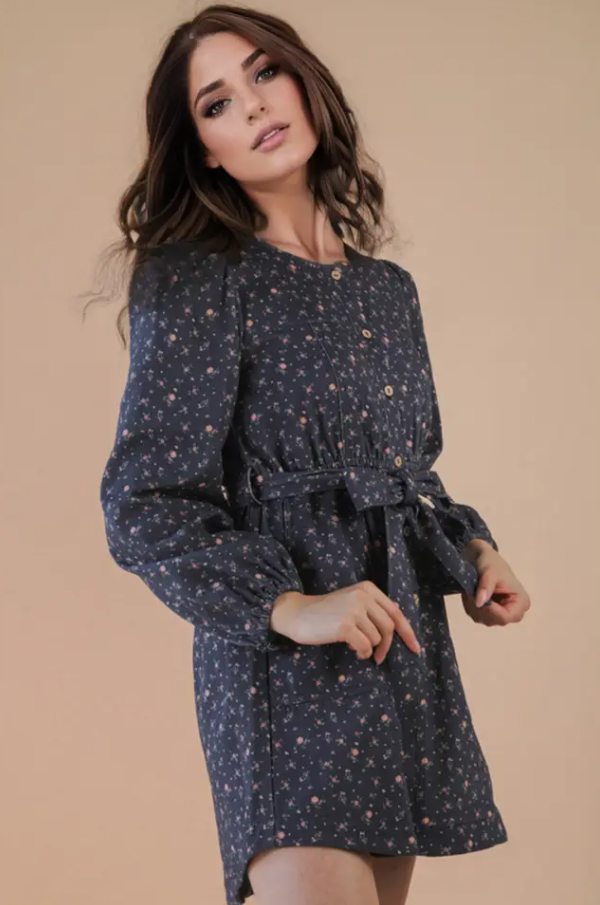 Floral Printed Button Down Mini Dress - Midnight