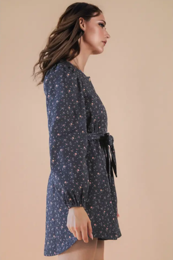 Floral Printed Button Down Mini Dress - Midnight
