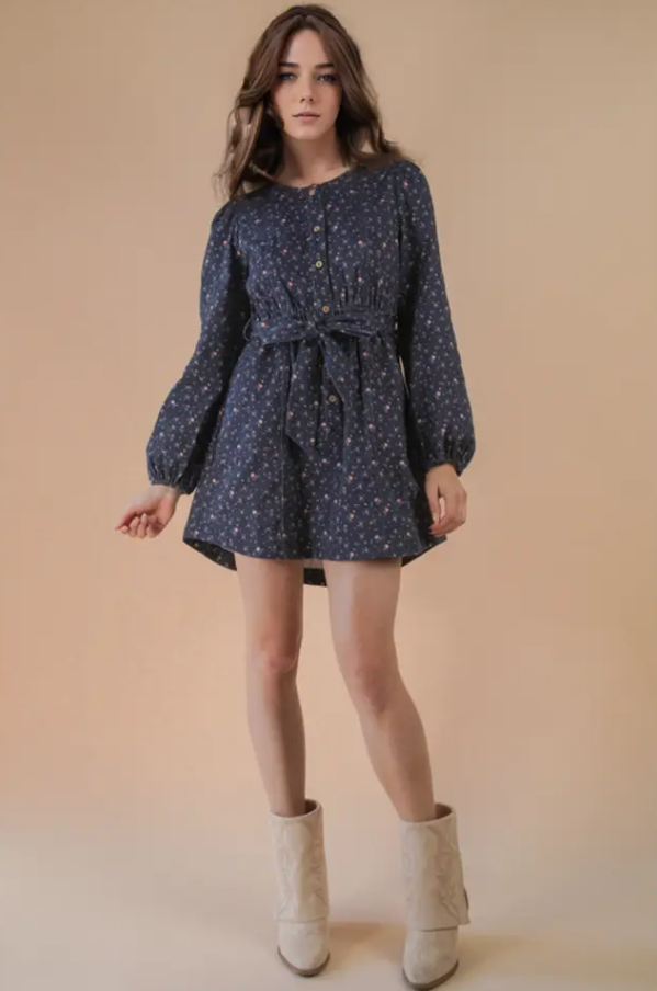 Floral Printed Button Down Mini Dress - Midnight