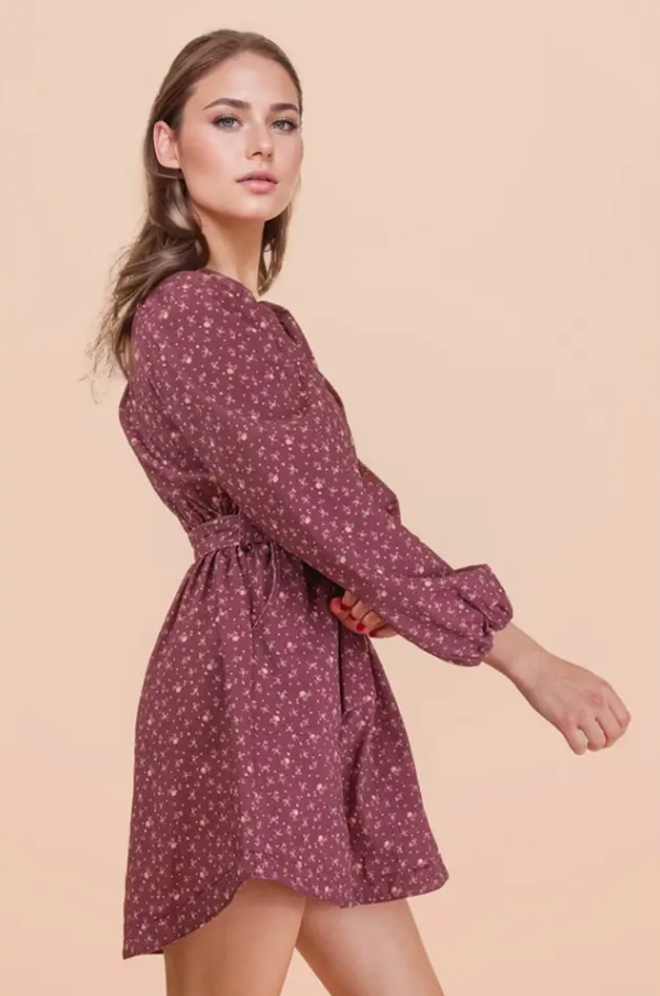 Floral Printed Button Down Mini Dress - Wine