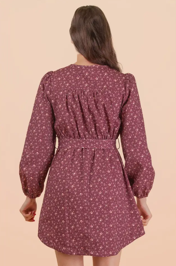 Floral Printed Button Down Mini Dress - Wine