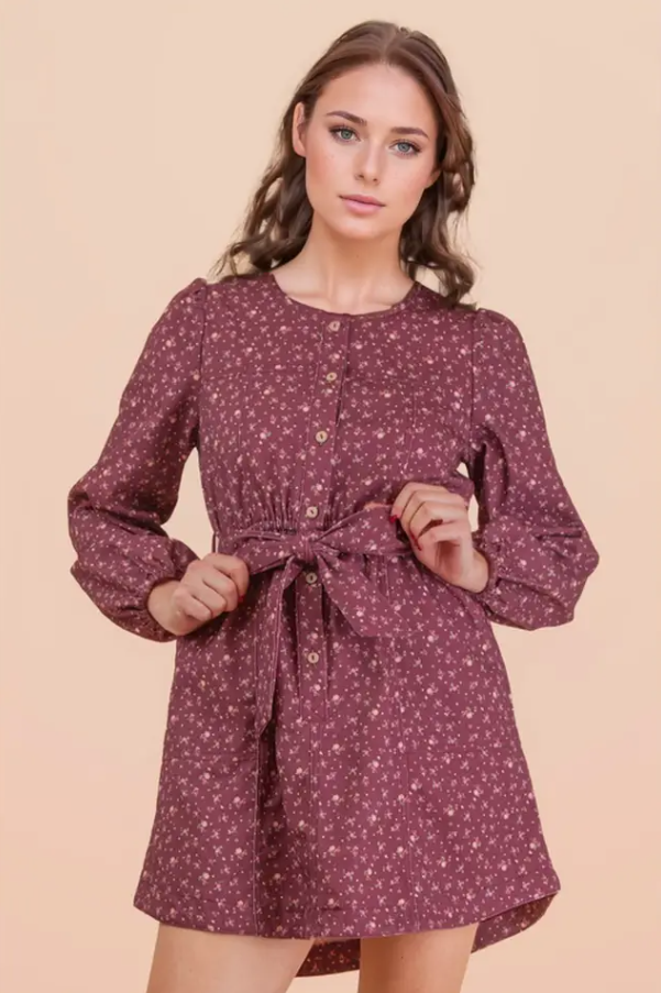 Floral Printed Button Down Mini Dress - Wine
