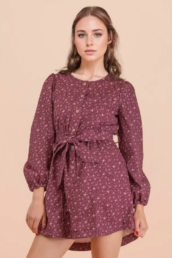 Floral Printed Button Down Mini Dress - Wine