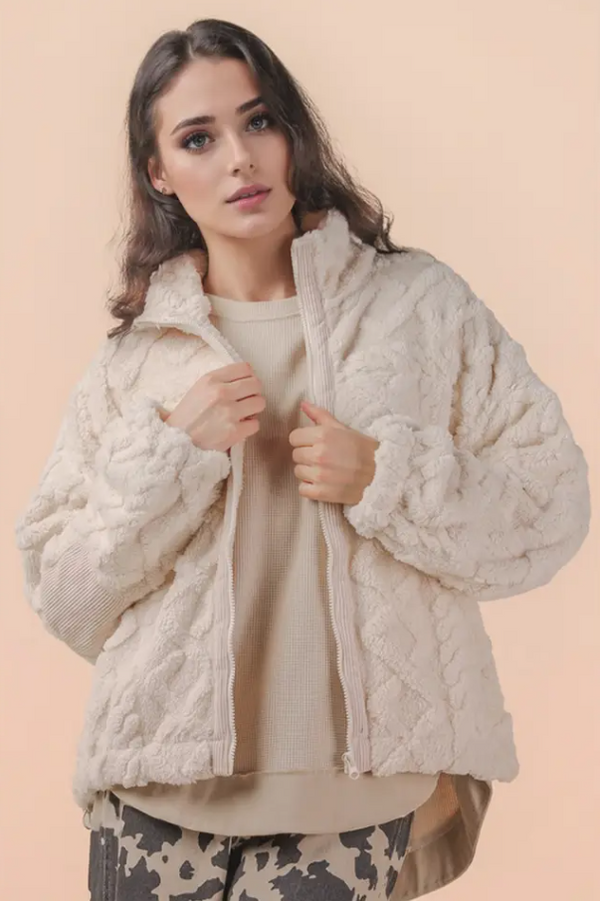 Cable Pattern Full Zip Jacket - Ecru