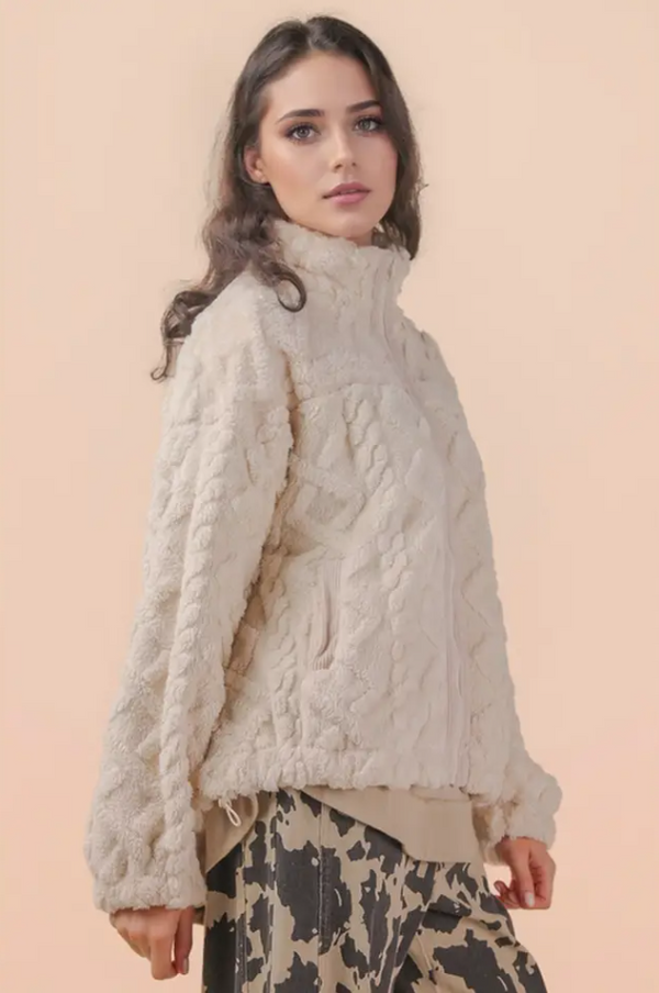 Cable Pattern Full Zip Jacket - Ecru