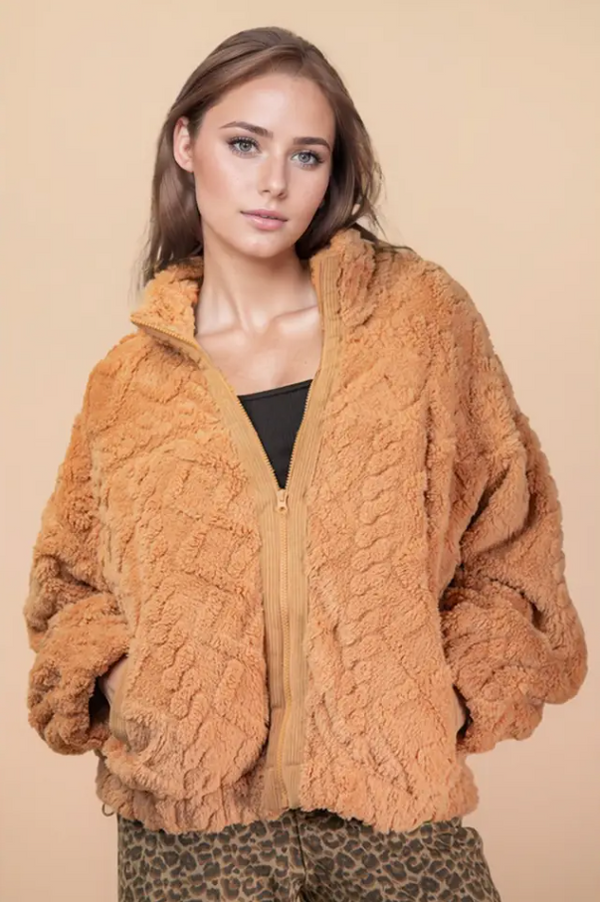 Cable Pattern Full Zip Jacket - Mocha