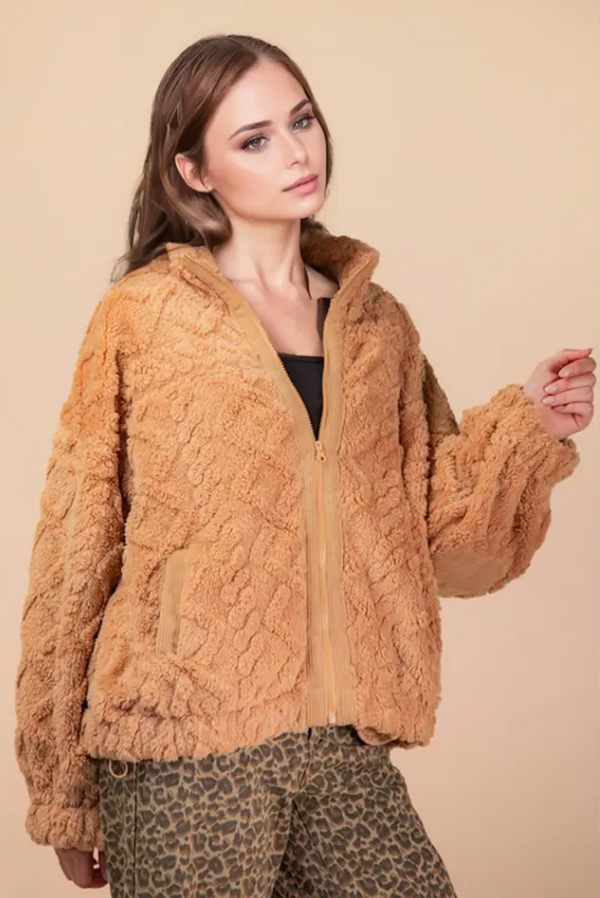 Cable Pattern Full Zip Jacket - Mocha