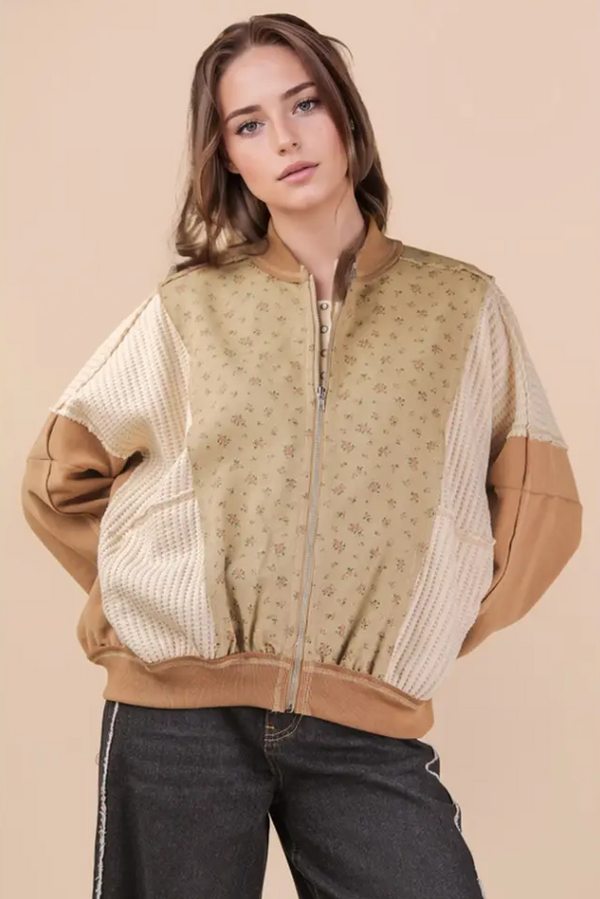 Floral Printed Oversized Jacket - Mocha