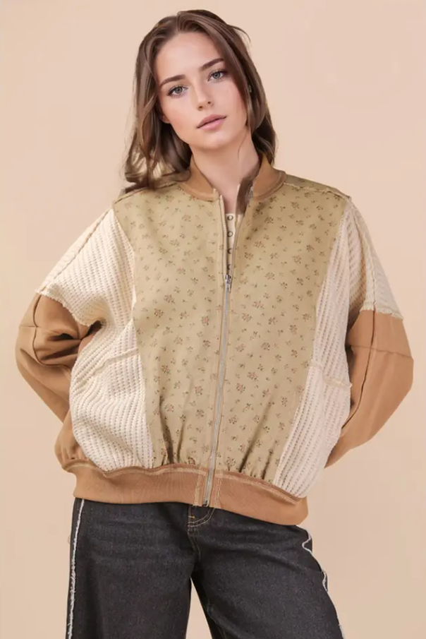 Floral Printed Oversized Jacket - Mocha