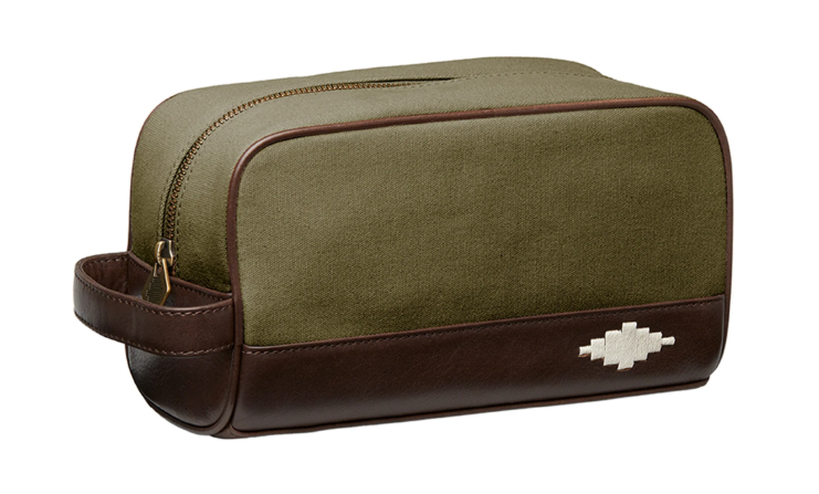 Hombre Washbag - Brown Leather and Forest Canvas with Cream Stitching
