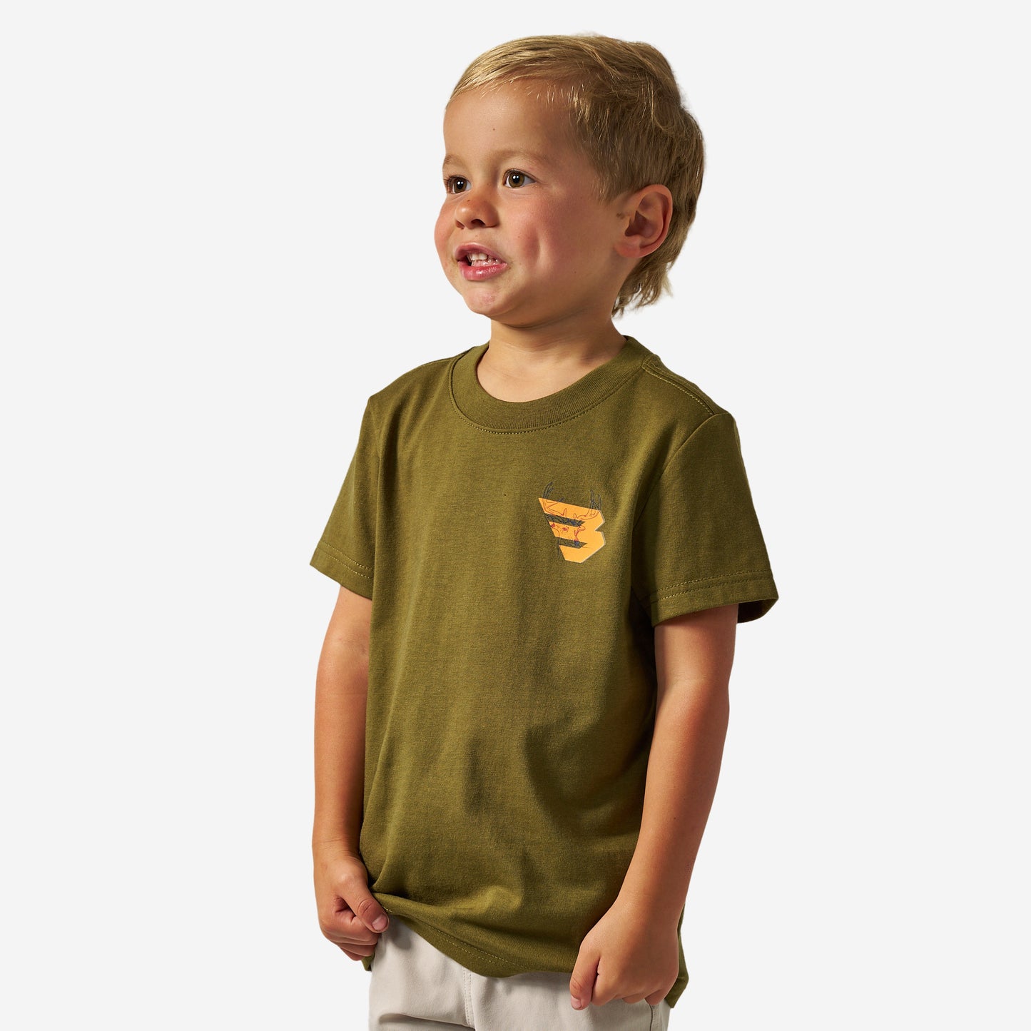 Youth Short Sleeve Tee - Deer Flying B (Orange) Logo - Hunter Green