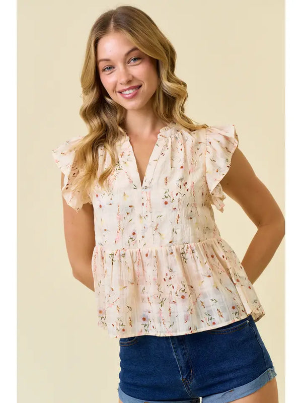 Floral Printed Ruffle Top - Cream Multi