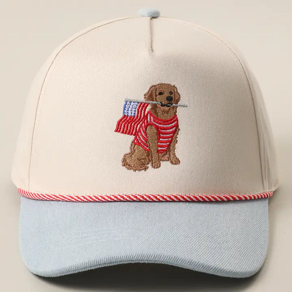 Golden Retriever Holding USA Flag Denim Brim Trucker Hat - Light Denim