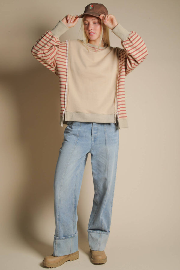 Oversized Striped Casual Sweater - Beige