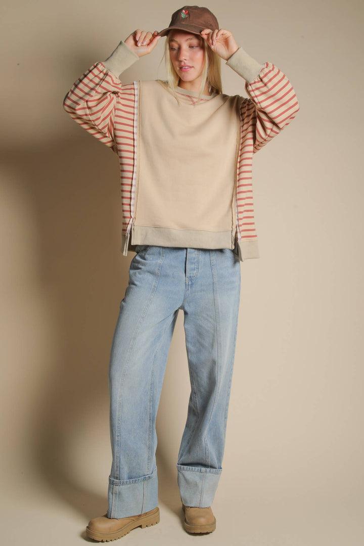 Oversized Striped Casual Sweater - Beige