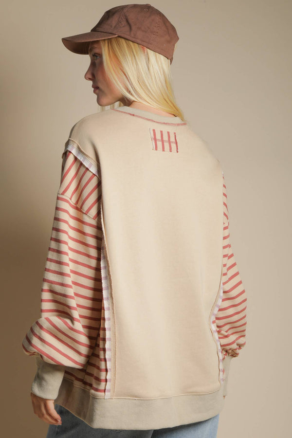 Oversized Striped Casual Sweater - Beige