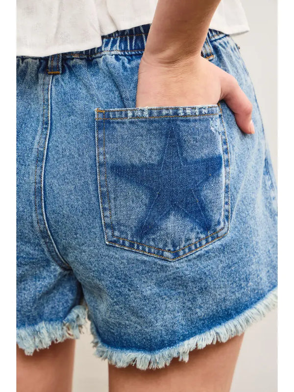 Back Pocket Star Shadow Patch Denim Shorts