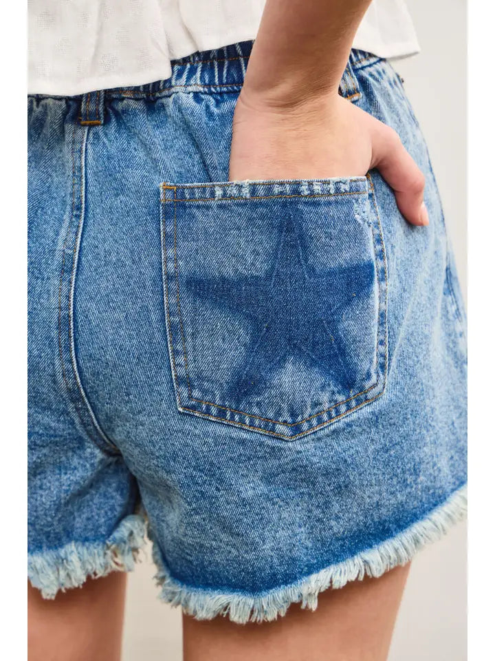 Back Pocket Star Shadow Patch Denim Shorts