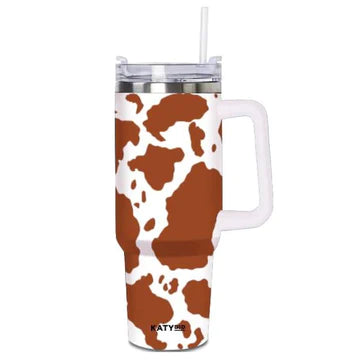 KatyDid Tumbler w/ Handle - Brown Cow Print