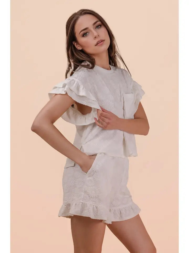 Floral Textured Ruffle Knit Set - White