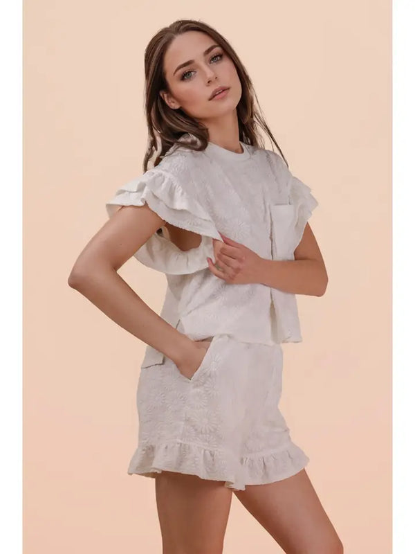 Floral Textured Ruffle Knit Set - White