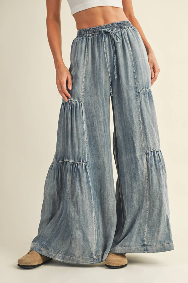 Ruffled Side Washed Denim Wide Leg Pant
