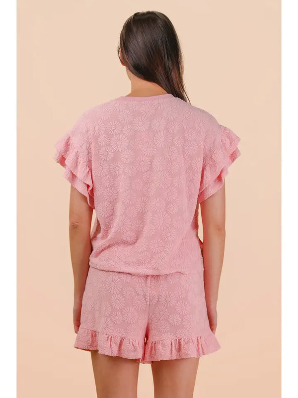 Floral Textured Ruffle Knit Set - Pink