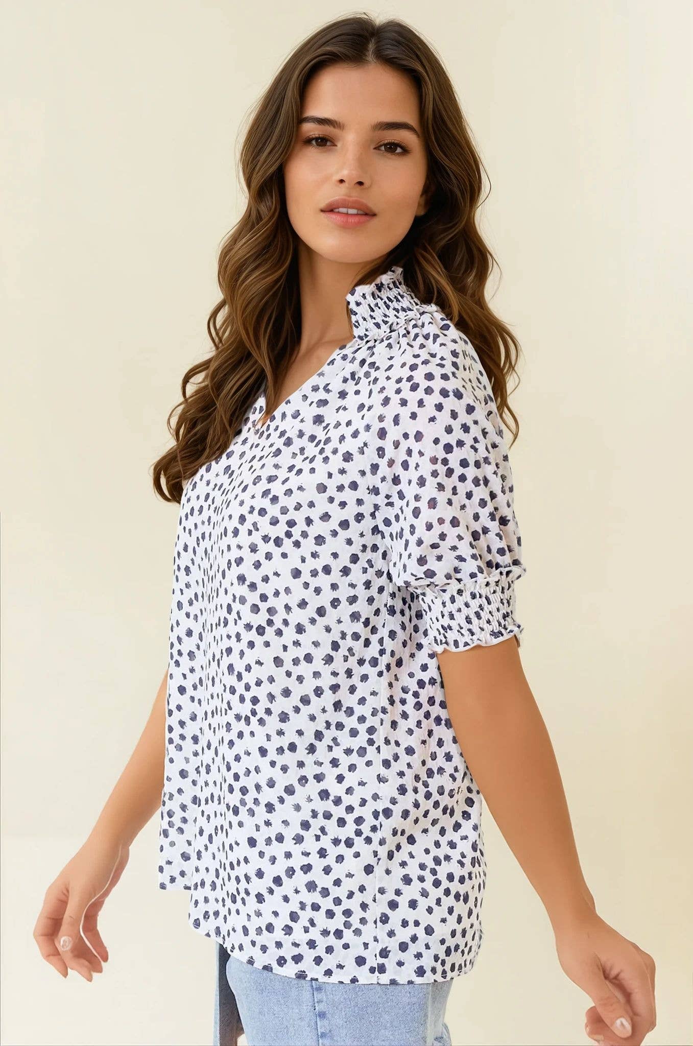 Jacquard Dot V-Neck Top - Black