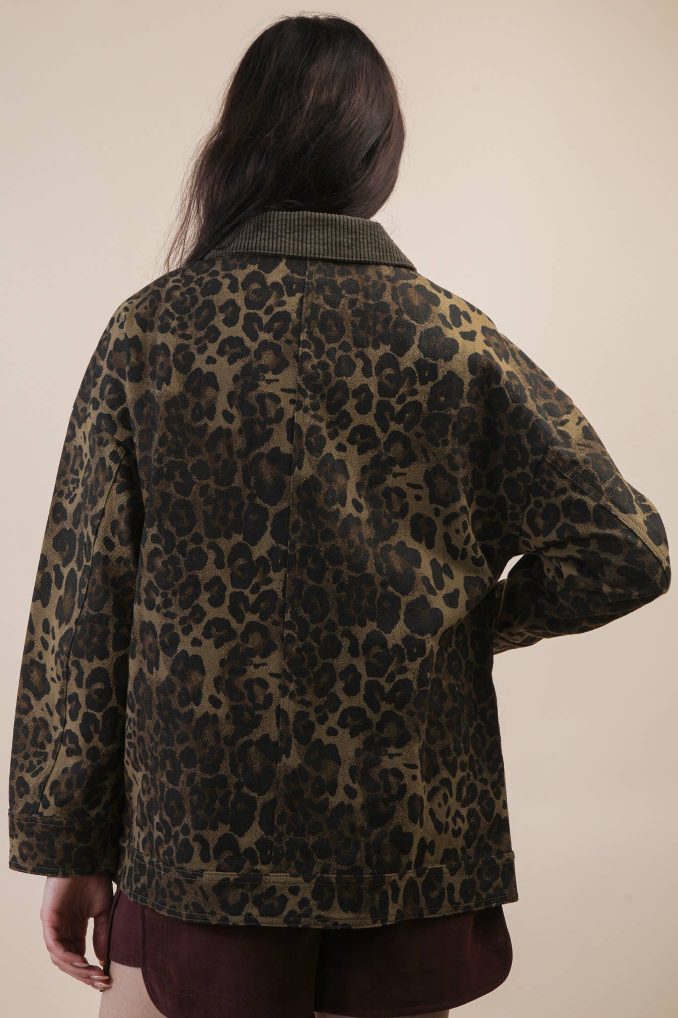 Leopard Print Washed Jacket - Olive