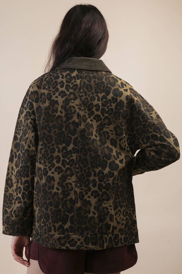 Leopard Print Washed Jacket - Olive
