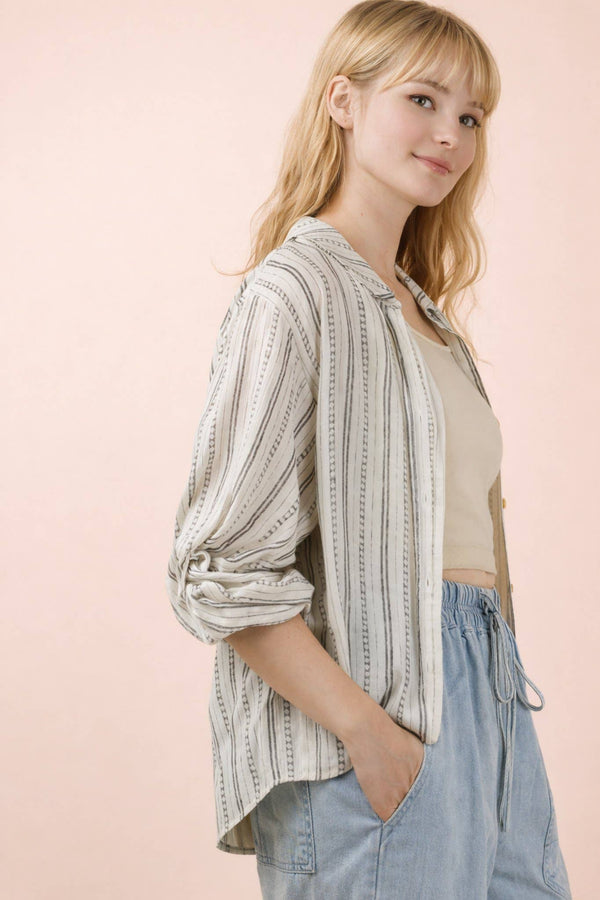 Roll up Half Sleeve Stripe Shirt Top - Black