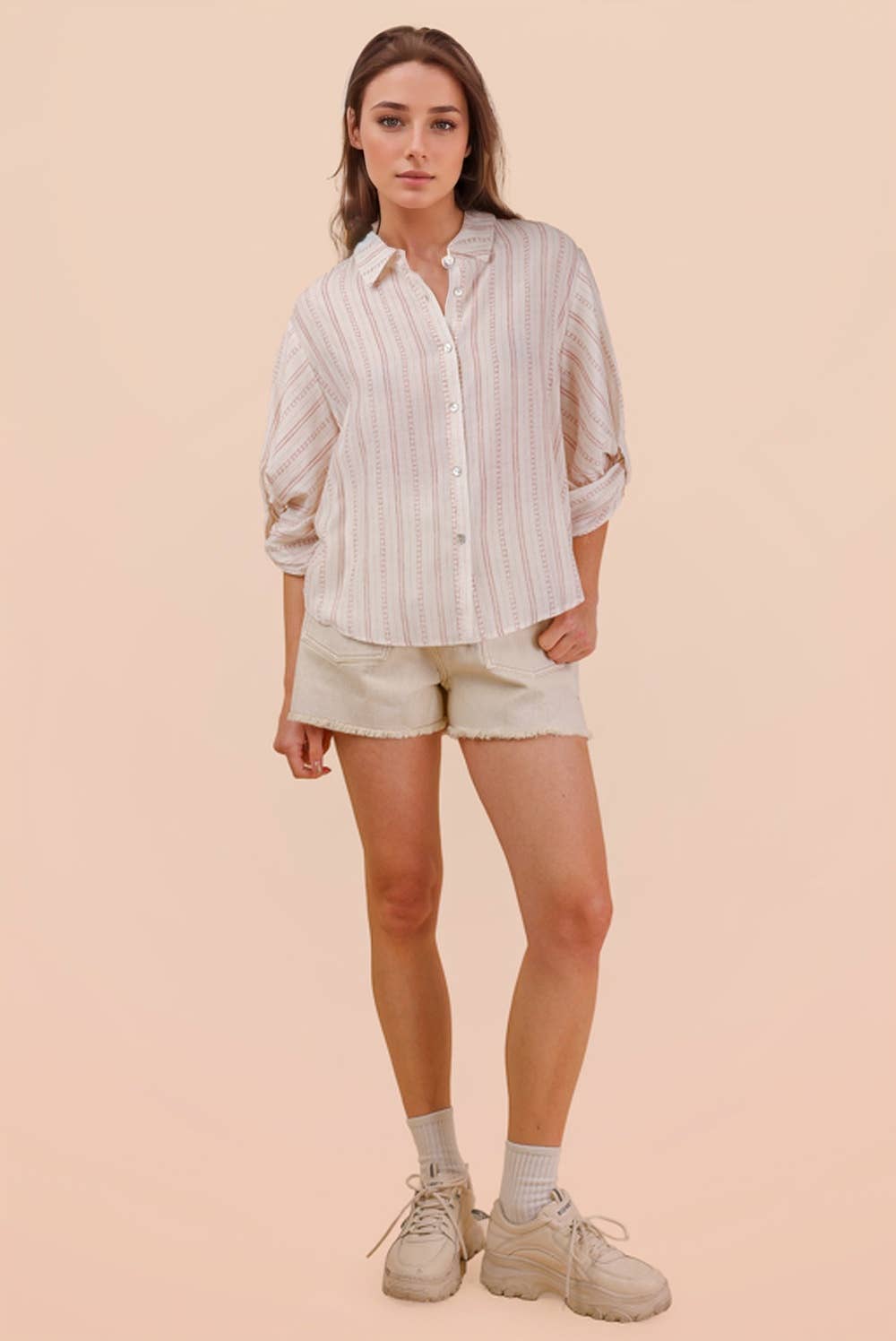 Roll up Half Sleeve Stripe Shirt Top - Mauve