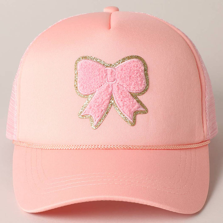 Pink Bow Patch Foam Mesh Back Trucker Hat: Blush