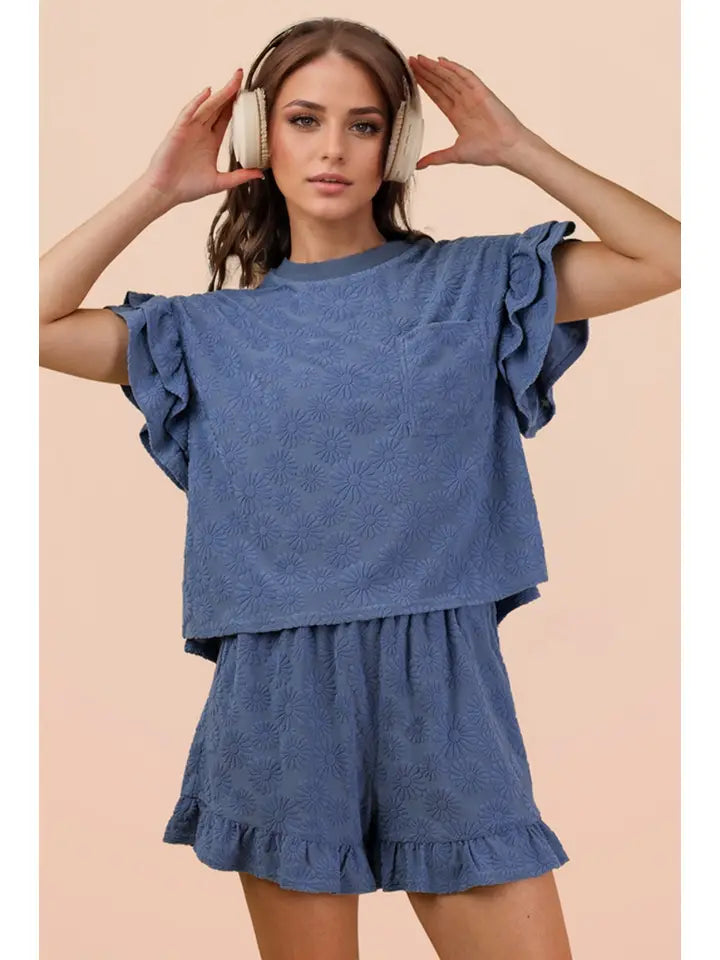 Floral Textured Ruffle Knit Set - Denim