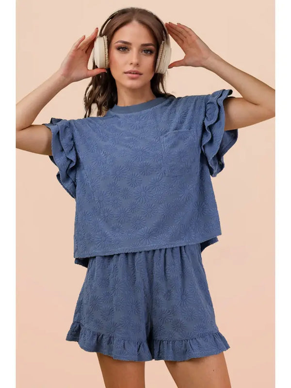 Floral Textured Ruffle Knit Set - Denim