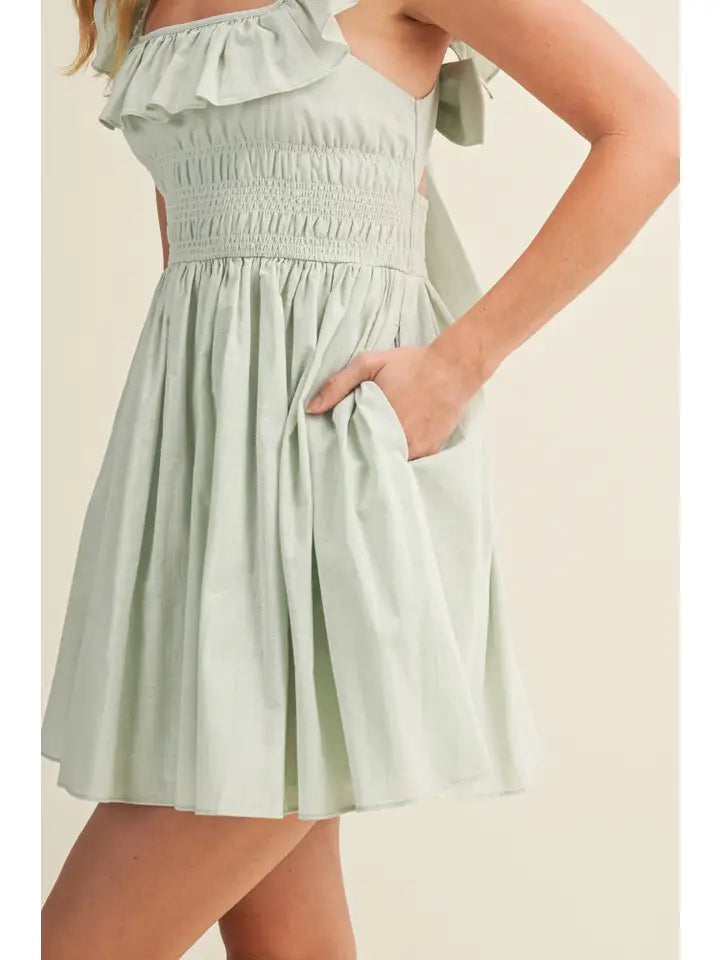 Square Neck Ruffled Back-Tie Dress - Muted Mint