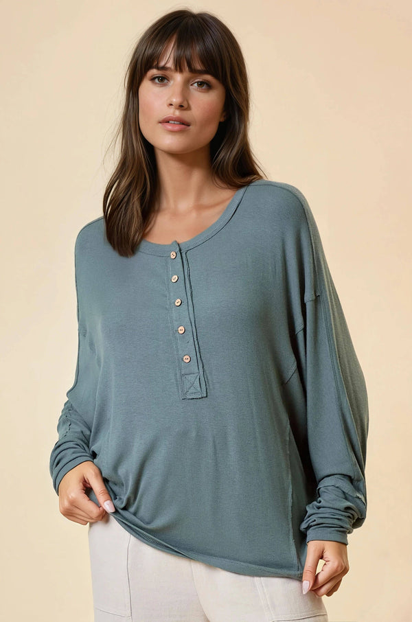 Dolman Sleeve Oversized Henley Top - Dusty Olive