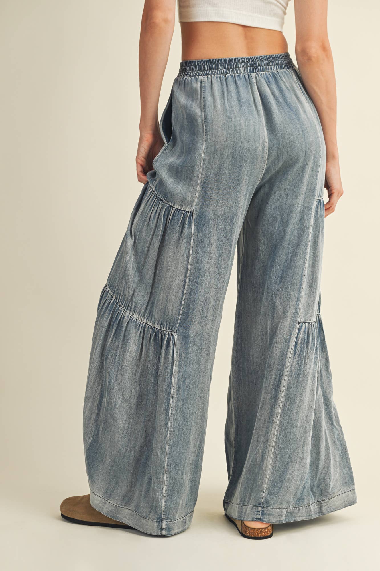 Ruffled Side Washed Denim Wide Leg Pant