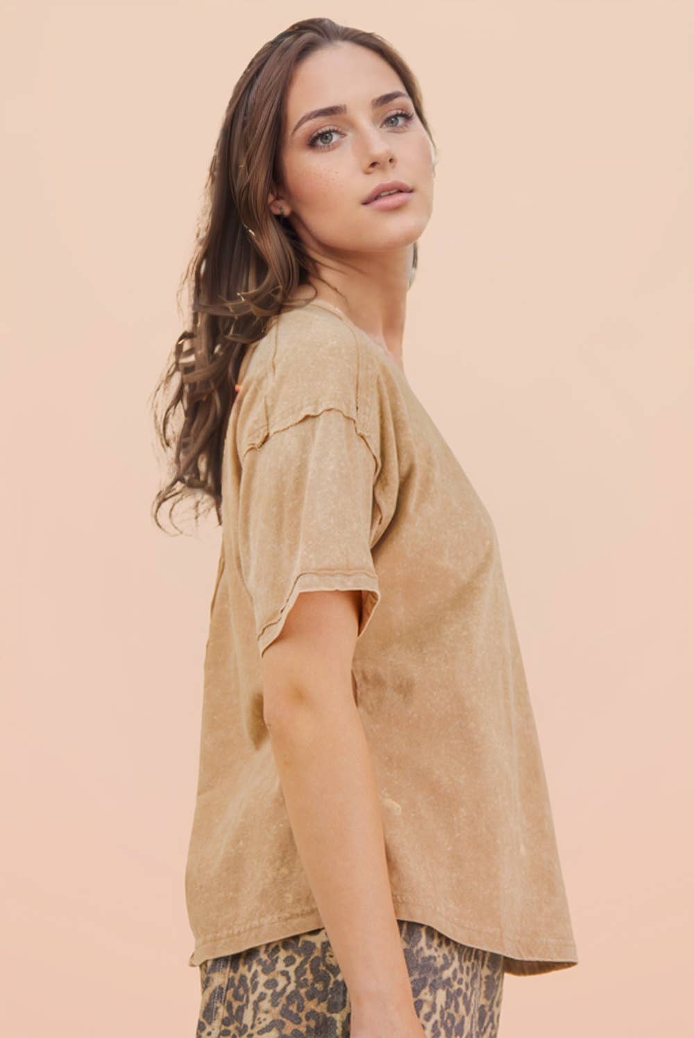 Mineral Washed Knit Top with Pocket - Taupe
