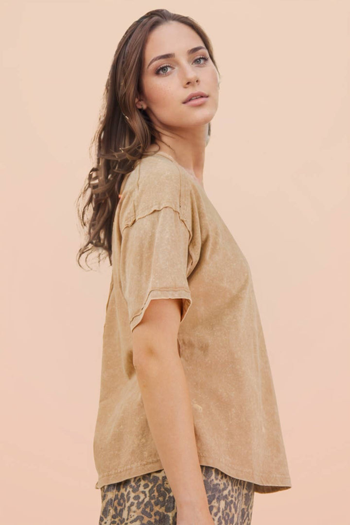 Mineral Washed Knit Top with Pocket - Taupe
