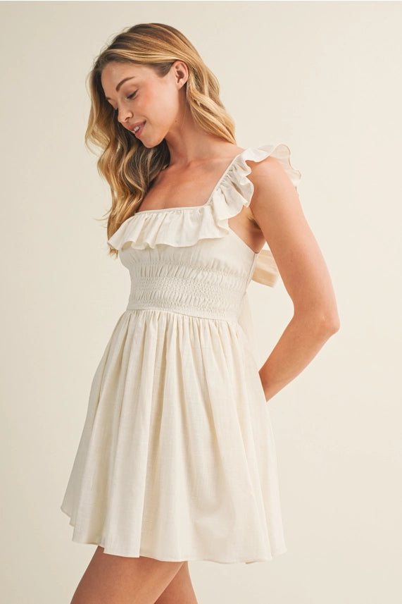 Square Neck Ruffled Back-Tie Dress - Natural