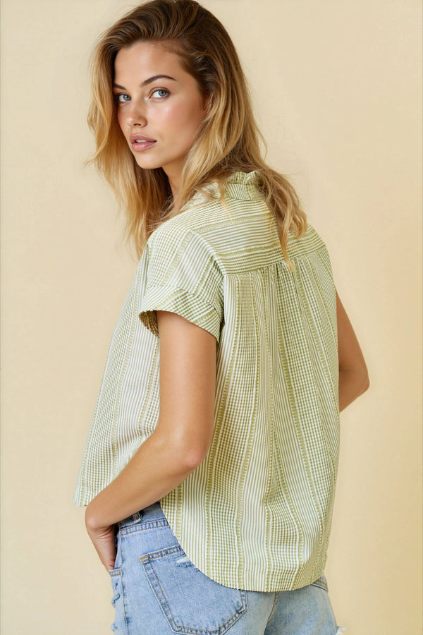 Gingham Ruffle Mix Top - Olive
