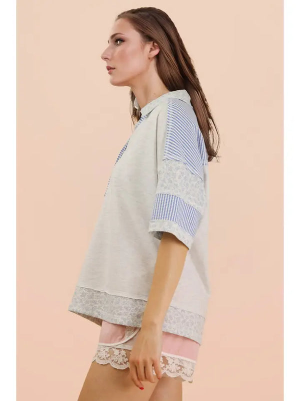 Oversized Collard Knit Top - Gray